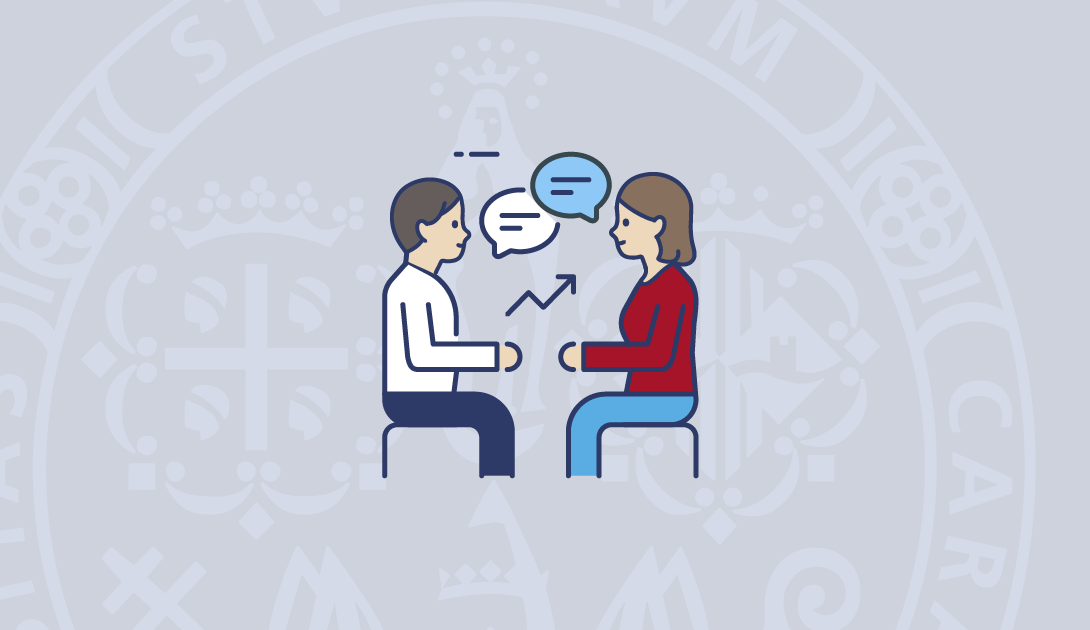 One-to-one career guidance card cover. Two people talking, sitting in front of each other.