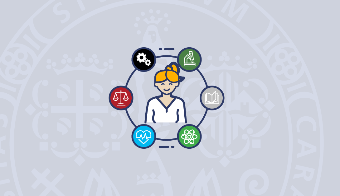 The Pilot Project in Faculty card cover. A girl in the center with some icons around her (book, microscope, scale, etc.)