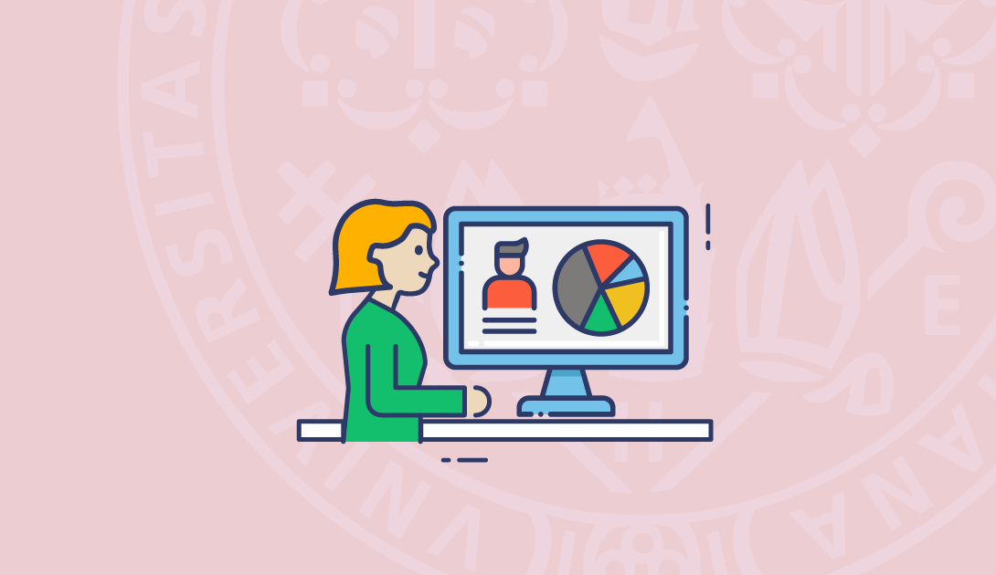 Job search tools card cover. A person in front of a computer presenting a study.