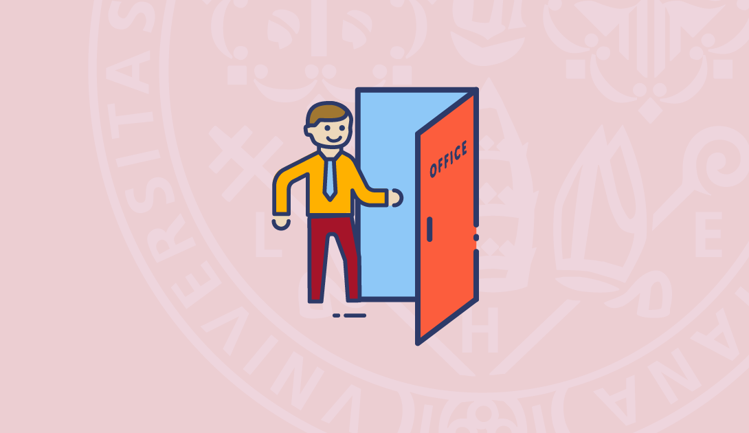 Extracurricular internships and high apprenticeship card cover. A person in front of an office door who is about to enter.